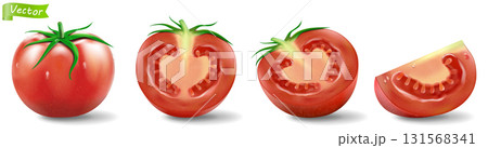 Tomatoes set, realistic 3D vector isolated on white background. Detailed 3d fresh whole, half and slices of red tomatoes. Set for salad and sauce, top view, 131568341