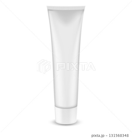 White glossy plastic tube for medicine or cosmetics - cream, gel, skin care, toothpaste. 3d Realistic packaging mockup template. Side view. Vector illustration. 131568348