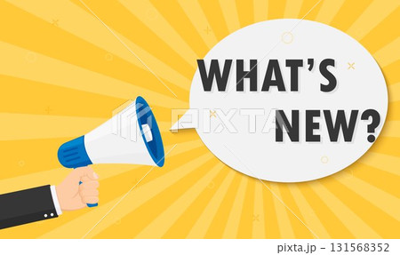 Male hand holding megaphone, speech bubble with whats new. Loudspeaker. Banner for business, marketing and advertising. Vector flat illustration. Male hand holding megaphone, speech bubble with whats new. Loudspeaker. Banner for business, marketing and advertising. Vector flat illustration. 131568352