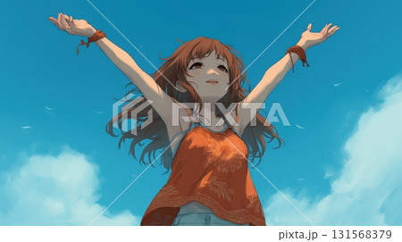 青空に両手を広げる笑顔の少女イラスト 青空に両手を広げる笑顔の少女イラスト 131568379