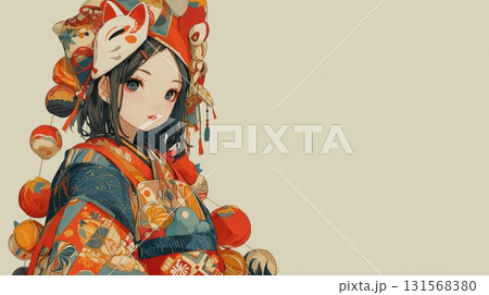 和装と狐面を持つ少女の華やかなイラスト 和装と狐面を持つ少女の華やかなイラスト 131568380