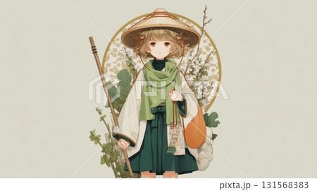 笠をかぶった巡礼風の少女イラスト 131568383