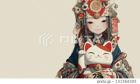 招き猫を抱く和装少女の幸福イラスト 招き猫を抱く和装少女の幸福イラスト 131568385