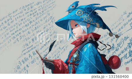 羽ペンで記す蒼の魔法使い 3Dイラスト 131568400