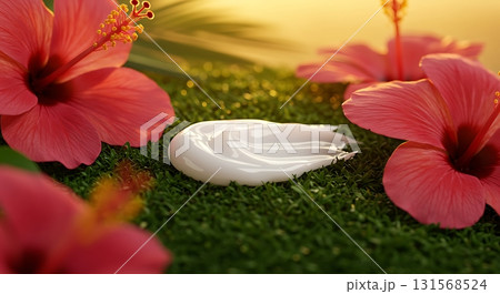 Luxurious skincare cream with hibiscus flowers for a radiant summer glow, perfect for beauty and wellness campaigns that evoke tropical elegance Luxurious skincare cream with hibiscus flowers for a radiant summer glow, perfect for beauty and wellness campaigns that evoke tropical elegance 131568524