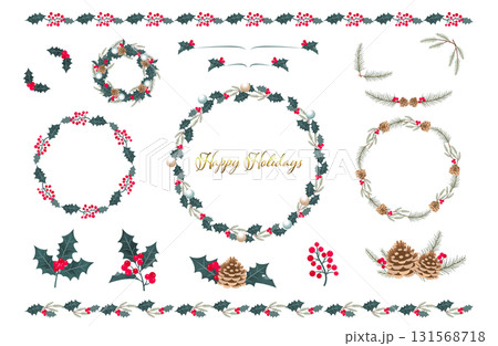 冬のホリデーフレーム＆オブジェクトセット（クリスマス：柊・松ぼっくり） 131568718