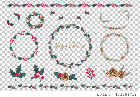 冬のホリデーフレーム＆オブジェクトセット（クリスマス：柊・松ぼっくり） 131568718