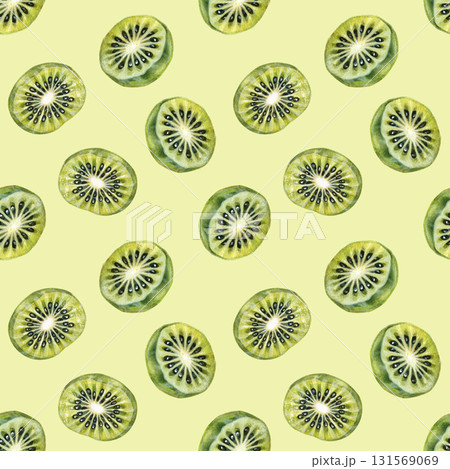 Round slices of ripe kiwi fruit with bright green flesh and seeds. Seamless watercolor pattern on a green background for designs for drinks, preserves, food products, children's, kitchen textiles. Round slices of ripe kiwi fruit with bright green flesh and seeds. Seamless watercolor pattern on a green background for designs for drinks, preserves, food products, children's, kitchen textiles. 131569069