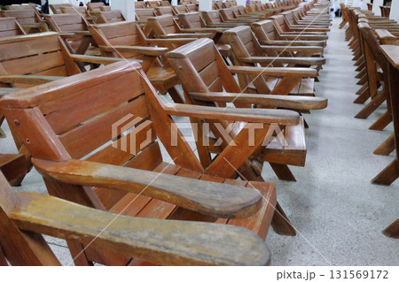A row of Old wooden chair in pavilion. A row of Old wooden chair in pavilion. 131569172