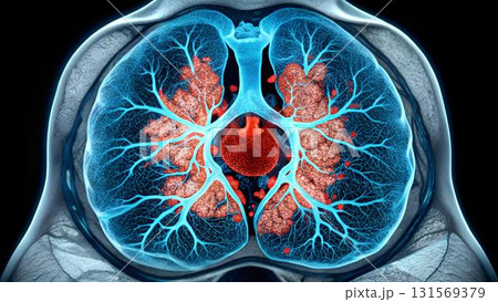 The image shows a digital visualization of human lungs with red splotches depicting a disease or medical The image shows a digital visualization of human lungs with red splotches depicting a disease or medical 131569379