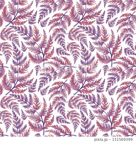 Seamless botanical pattern featuring purple and reddish-brown fern leaves scattered densely on white background 131569399