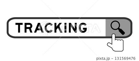 Search banner in word tracking with hand over magnifier icon on white background Search banner in word tracking with hand over magnifier icon on white background 131569476