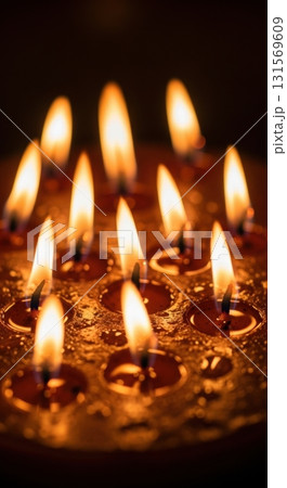 Glowing candle flames against dark background capturing warmth and serenity 131569609