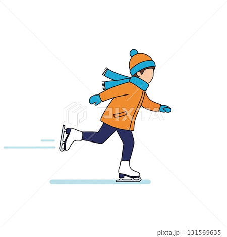 Child enjoying ice skating in winter attire with scarf and hat Child enjoying ice skating in winter attire with scarf and hat 131569635