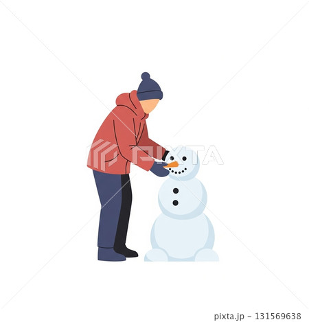 Person building snowman in winter attire on a crisp white background 131569638
