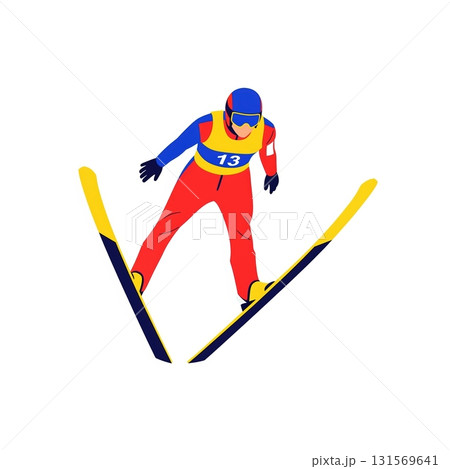 Dynamic ski jumper in mid-air with vibrant winter sports gear and colorful design 131569641