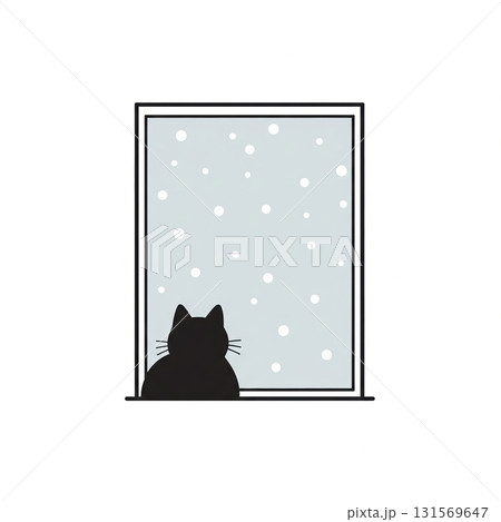 Minimalist cat silhouette watching snowfall through window 131569647