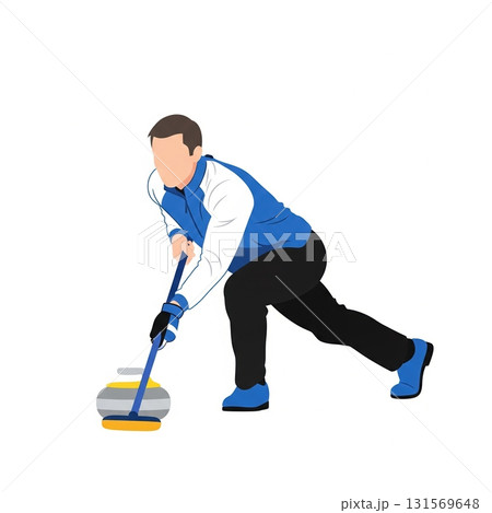 Curler in action on ice with stone and broom in dynamic motion Curler in action on ice with stone and broom in dynamic motion 131569648