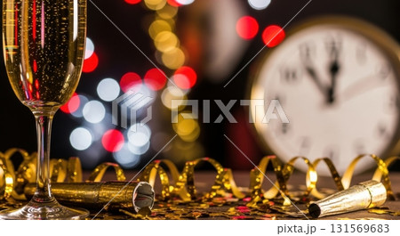 Festive new year celebration with champagne and clock countdown 131569683