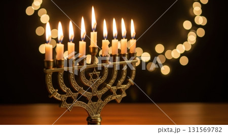 Lit menorah with glowing candles and bokeh lights celebrating hanukkah traditions Lit menorah with glowing candles and bokeh lights celebrating hanukkah traditions 131569782