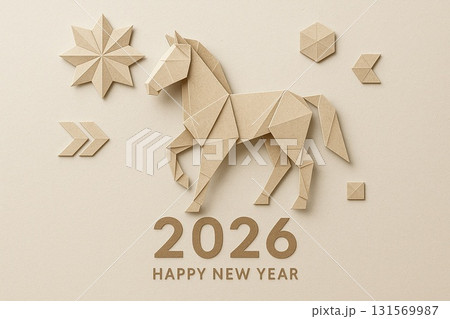 折り紙スタイルの馬と2026年新年 131569987