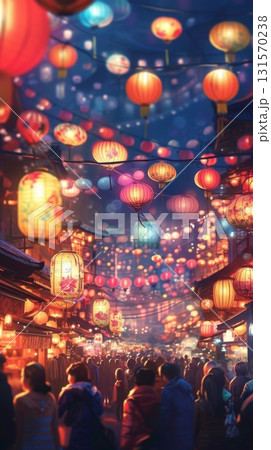 Festive night market with colorful lanterns and a bustling crowd 131570238