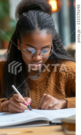 Focused young woman studying with notebook and pen Focused young woman studying with notebook and pen 131570248