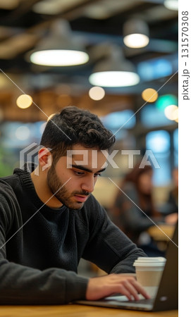 Focused young man working on laptop in a modern cafe 131570308