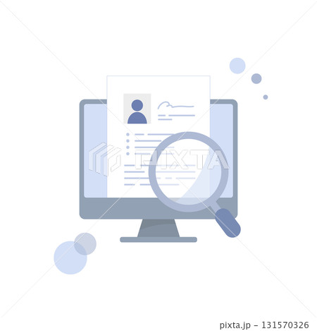 履歴書やプロフィールが表示されたパソコン画面と虫眼鏡のベクターイラスト（人事・採用・募集） 131570326