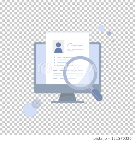 履歴書やプロフィールが表示されたパソコン画面と虫眼鏡のベクターイラスト（人事・採用・募集） 131570326