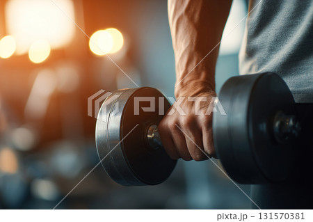 Close-up of a dumbbell in a strong male hand. Strength training. Gym session. 131570381