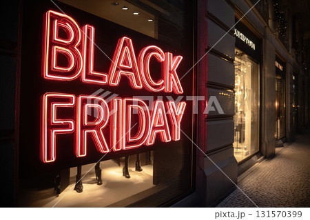 Glass window of a shoe boutique with a neon red sign Black Friday at night. 131570399