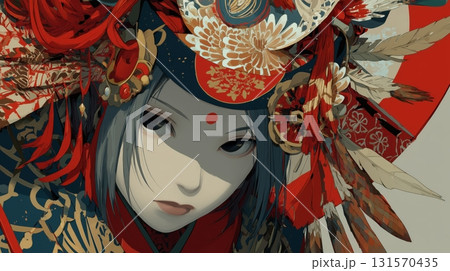 羽根飾りの儀式衣装 少女クローズアップ 131570435