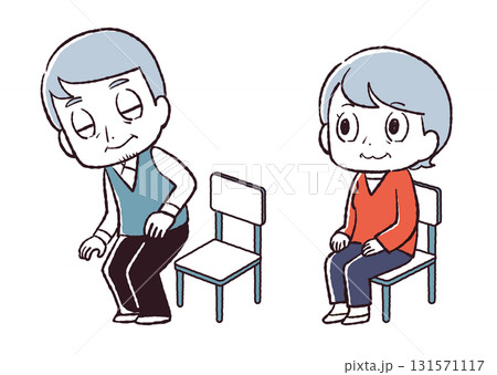 シニア、座る、立つ、トレーニングをしているイラスト シニア、座る、立つ、トレーニングをしているイラスト 131571117