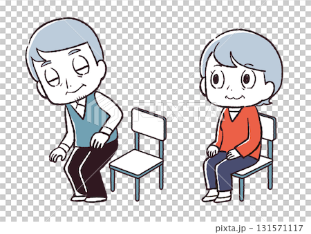シニア、座る、立つ、トレーニングをしているイラスト シニア、座る、立つ、トレーニングをしているイラスト 131571117