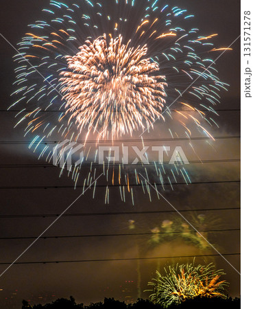 日本の東京都市景観　多摩川花火大会2025。第47回世田谷区たまがわ花火大会の会場側・奥に新宿の都庁 131571278
