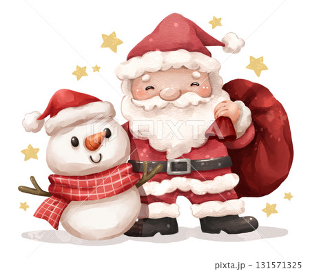 Watercolor cartoon illustration of santa claus and snowman . Hand drawn digital painting . Merry christmas day . Isolate white background . 131571325