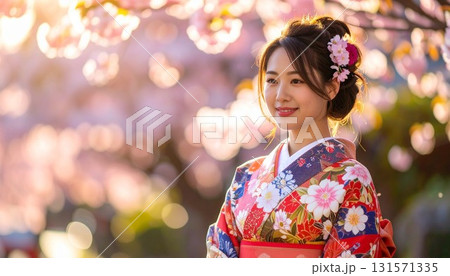 ライトアップされた桜の花の背景　着物姿の若い女性 131571335