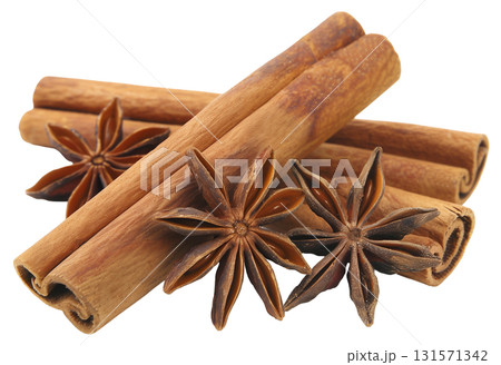 Cinnamon sticks and anise star isolated on white background png transparent clipart. 131571342