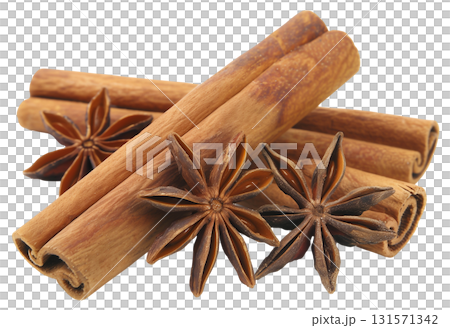 Cinnamon sticks and anise star isolated on white background png transparent clipart. 131571342