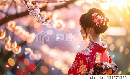 ライトアップされた桜の花の背景　着物姿の若い女性の後ろ姿のポートレート 131571353