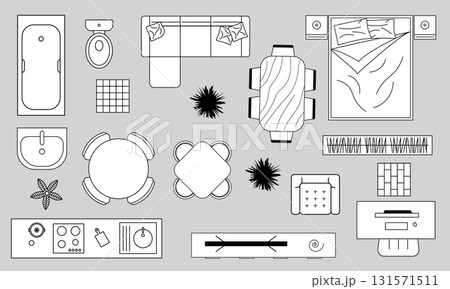 Furniture outline set featuring various room layouts and design elements for interior planning 131571511