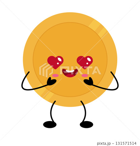 Kawaii gold coin character with heart eyes and arms expressing joy and affection in a playful design Kawaii gold coin character with heart eyes and arms expressing joy and affection in a playful design 131571514