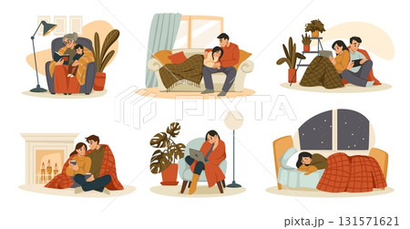 People in blanket. Cold winter home. Health warm heat in house. Woman sitting on sofa at heater. Couple hugging. Shivering in room. Man reading book or sleeping on bed. Vector concepts set People in blanket. Cold winter home. Health warm heat in house. Woman sitting on sofa at heater. Couple hugging. Shivering in room. Man reading book or sleeping on bed. Vector concepts set 131571621
