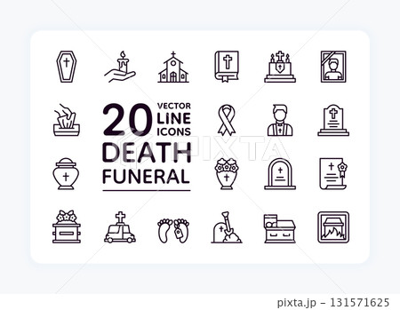 Death icons. Funeral grave web. Dead cemetery mourn on graveyard. Christian burial. Remembrance headstone. Life memorial table. RIP headstone. Cremation and morgue. Vector pictograms set 131571625