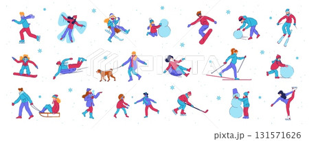 Winter people. Outdoor games and holiday activities. Skiing, snowboarding and making snowman. Sledding and playing snowballs. Walking Christmas season. Vector cartoon isolated illustration 131571626