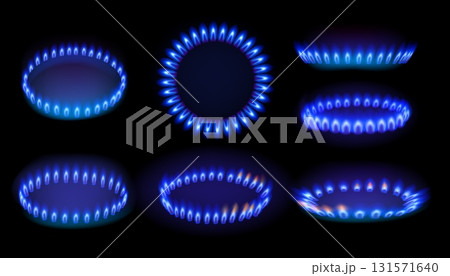 Gas fire. Stove flame burning. Blue kitchen burner. Side or top view of cooker hob. Natural propane heat. Domestic fuel for cooking. Circle glow light. Vector oven ignition mockups set 131571640