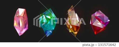 3d crystal. Diamond stone shape, color jewel pattern texture or pink glass quartz Cristal emerald. Shine space mineral. Precious gemstones, shining treasures. Vector isolated realistic set 131571642