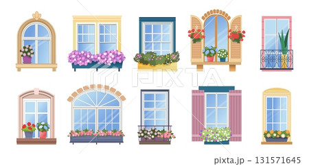 European balcony. Window, door frame with flowers in old street building, vintage French classic glass, classic exterior architectural elements. Vector design, cartoon isolated illustration 131571645
