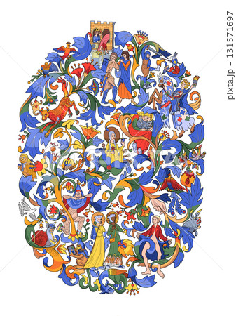 Graphic medieval scenes, people, animals, plants 131571697